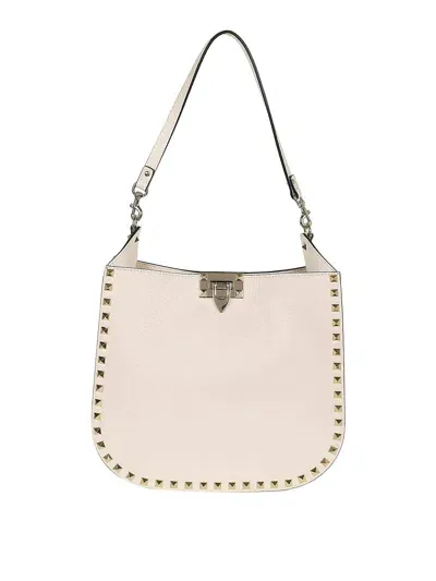 Valentino Garavani Rockstud Leather Hobo Bag In White