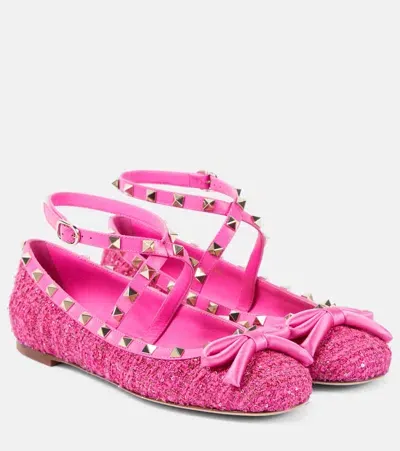 Valentino Garavani Rockstud Leather-trimmed Bouclé Ballet Flats In Pink