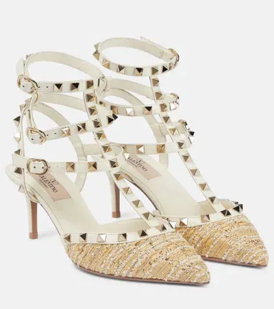 Valentino Garavani Rockstud Tweed And Leather Pumps In Beige