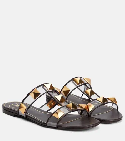 Valentino Garavani Roman Stud Pvc And Leather Slides In Brown