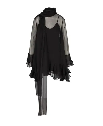 Valentino Ruffled Scarf Detailed Long-sleeved Dress In Black