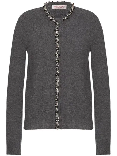 Valentino Wool Cardigan With Embroidered Trim In Grey