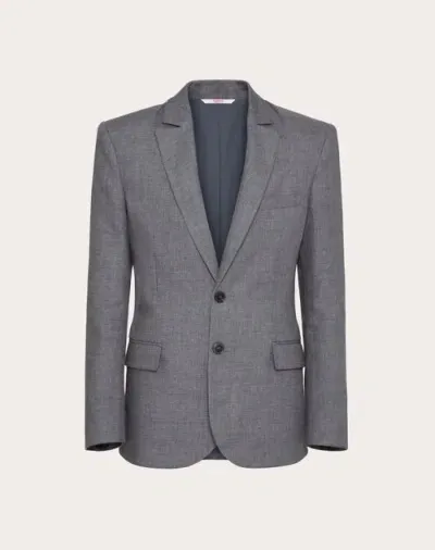 Valentino Single-breasted Linen Jacket Laminated With Neoprene Scuba In Light Grey