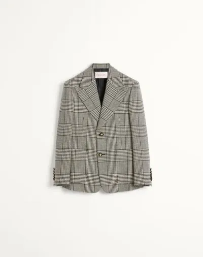 Valentino Single-breasted Wool Jacket With Check Pattern On Houndstooth In Ivory/black