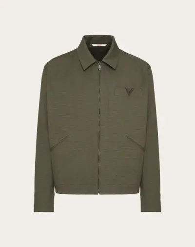 Valentino Stretch Cotton Canvas Jacket With Metallic V Detail In Green