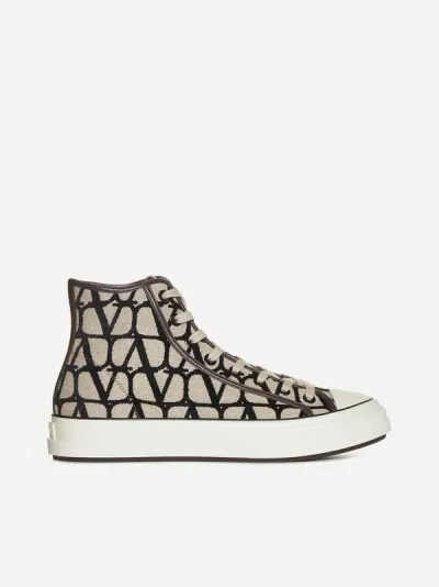 Valentino Garavani Toile Iconographe Totaloop High-top Sneaker In Natural,black,fondant