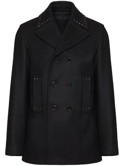 Valentino Stud Detail Wool Coat In Black