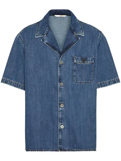 Valentino V Detail Denim Cotton Shirt In Azul