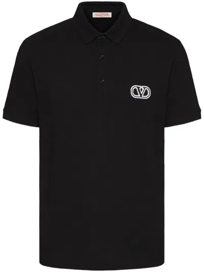 Valentino V Logo Signature Cotton Polo Shirt In Black