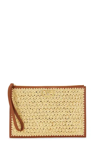 Valentino Garavani V Logo Signature Large Flat Pouch In Beige O Tan