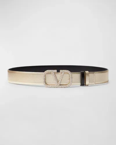 Valentino Garavani V-logo Signature Reversible Crystal & Leather Belt In Platino Nero