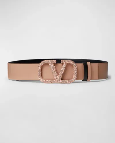 Valentino Garavani V-logo Signature Reversible Crystal & Leather Belt In Rose Cannelle Nero Rose