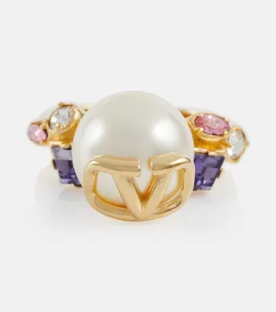 Valentino Garavani Vlogo Faux Pearl And Crystal Ring In Gold