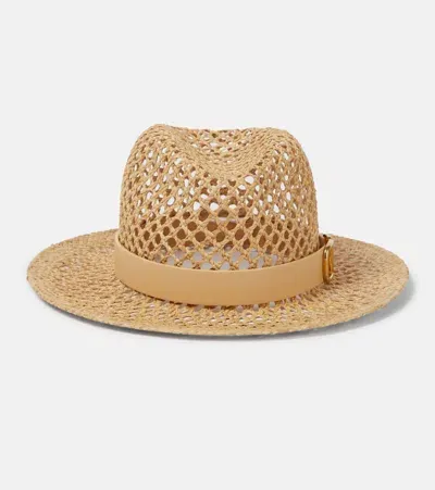 Valentino Garavani Vlogo Leather-trimmed Straw Hat In Beige