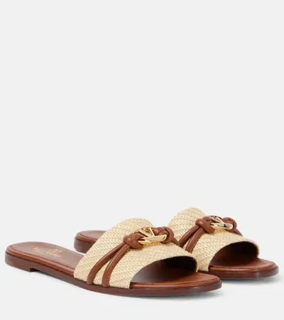 Valentino Garavani Vlogo Raffia-trimmed Leather Slides In Brown