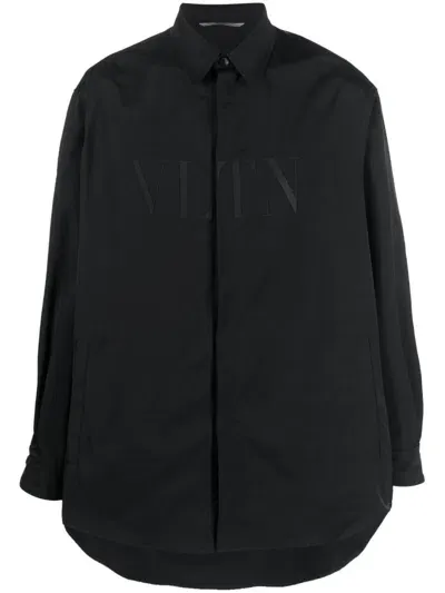 Valentino Vltn-patch Concealed Placket Shirt In Black