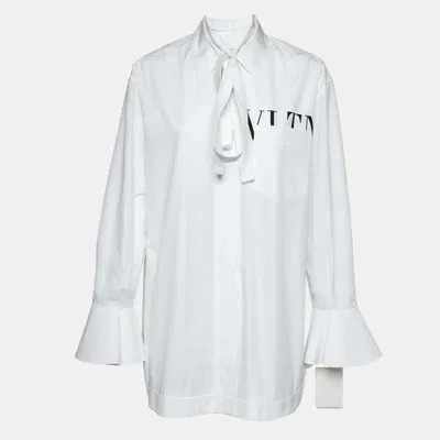 Pre-owned Valentino White Logo Print Poplin Tie-up Neck Detail Oversize Shirt L