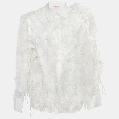 Pre-owned Valentino White Ostrich Feather Trim Cotton Shirt M