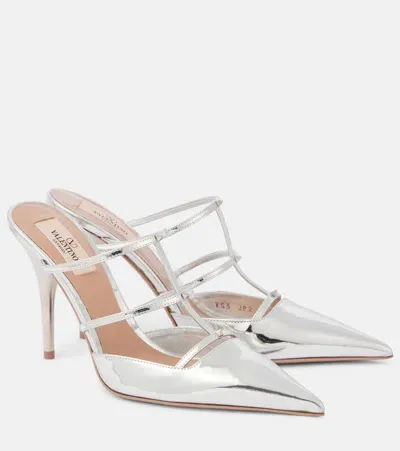 Valentino Garavani Wispy Rockstud Metallic Leather Mules In Silber