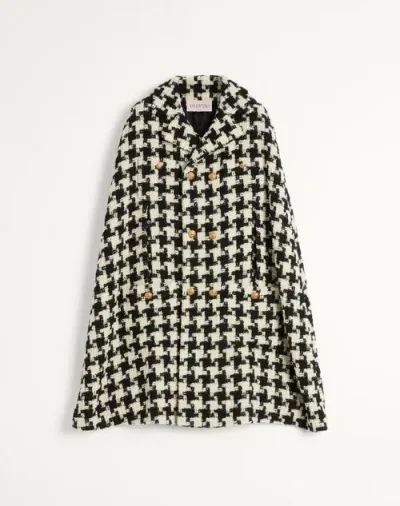 Valentino Wool Cape With Pied De Coque Pattern In Ivory/black