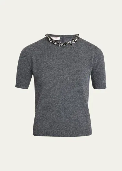 Valentino Wool Knit Sweater With Embroidered Neckline In Grey