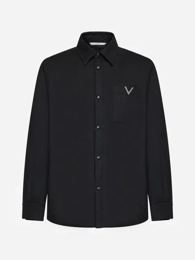 Valentino Technical Wool Cloth Shirt Jacket With Rubberised V Detail In Nero Antracite