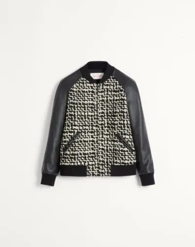 Valentino Wool Tweed Bomber Jacket With Chez Patch In Ivory/black