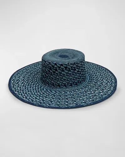 Van Palma Carlota Woven Straw Large Brim Hat In Baby Blue Navy Blue