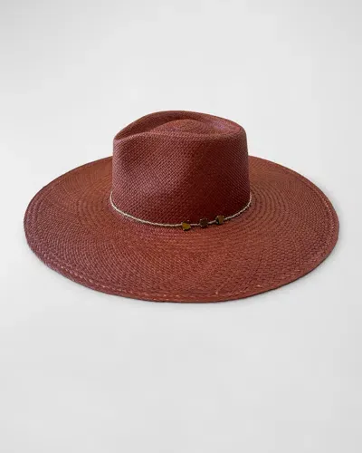 Van Palma Ella Straw Fedora With Mother Of Pearl Chain In Auburn