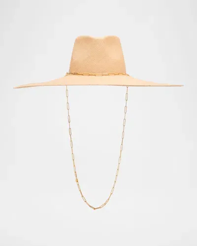 Van Palma Livy Xl Straw Fedora With Link Chain In Beige