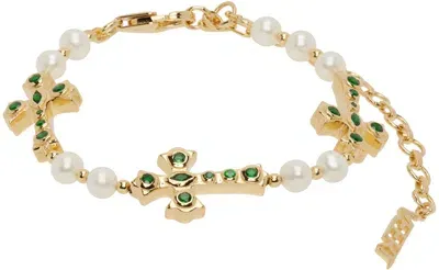 Veert ゴールド＆ホワイト The Cross & Freshwater Pearl ブレスレット In Yellow Gold/green