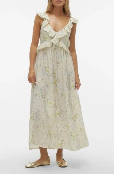 Vero Moda Josie Floral Print Ruffle Sundress In Birch Aop Hazel