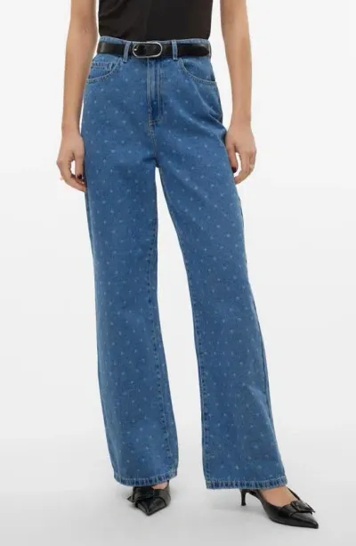 Vero Moda Kathy Dot High Waist Wide Leg Jeans In Medium Blue Denim