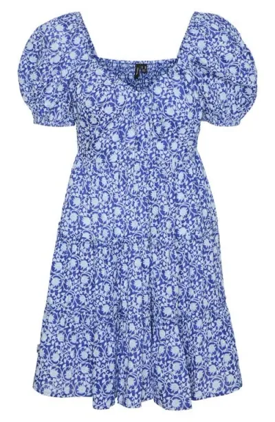 Vero Moda Lyca Floral Organic Cotton Tiered Dress In Dresden Blue Aop Flo