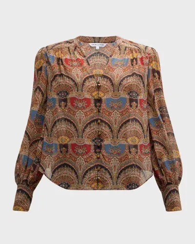 Veronica Beard Esmeralda Long-sleeve Silk Top In Dark Chocolate Multi