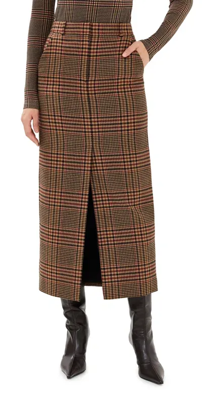 Veronica Beard Maxine Glen Plaid Wool Midi Skirt In Camel/black