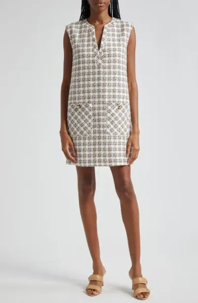 Veronica Beard Nomi Sleeveless Tweed Shift Minidress In Ivory/camel