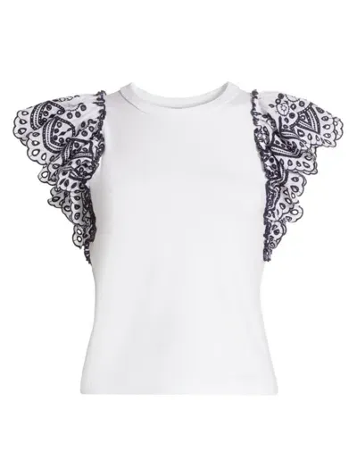 Veronica Beard Women's Julianka Cotton Embroidered Flutter-sleeve Top In White Navy