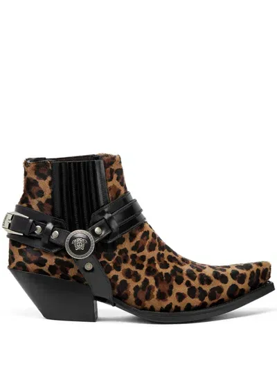 Versace 50mm Texano Leopard-print Ankle Boots In Brownblack-aged Palladium