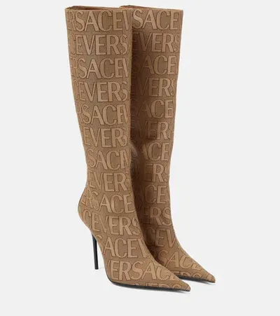 Versace Allover Knee-high Boots In Beige