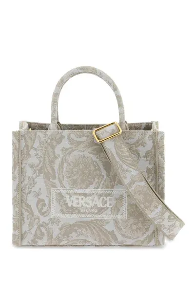 Versace Barocco Athena Small Tote Bag In Beige+beige- Gold