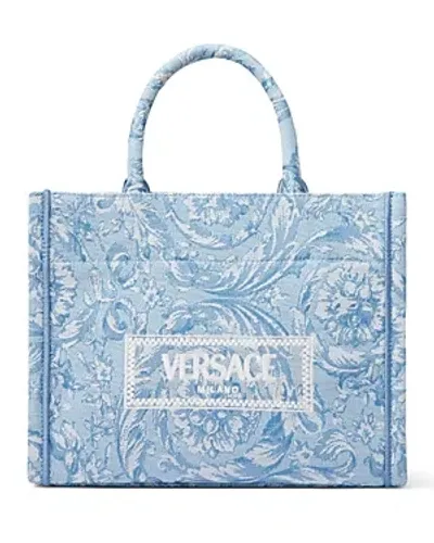 Versace Athena Logo Jacquard Small Tote In Blue