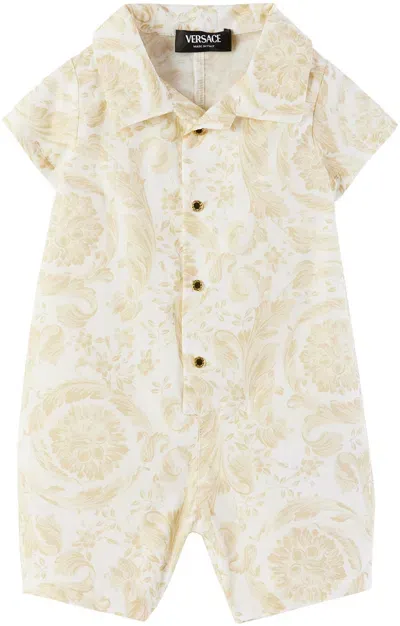 Versace Baby White & Beige Barrocco Romper In 5w460-white+beige