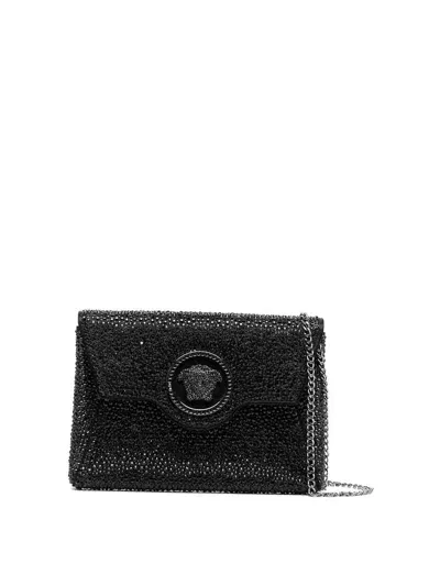 Versace La Medusa Crystal Envelope Clutch In Black