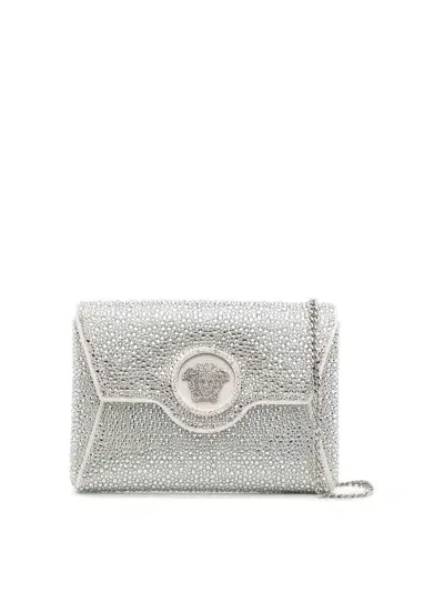 Versace La Medusa Crystal Envelope Clutch In Silver