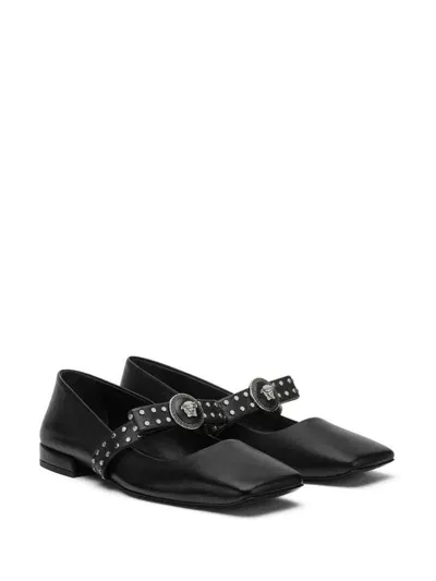 Versace Gianni Ribbon Studded Leather Ballet Flats In Nero