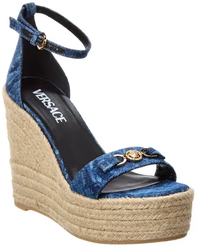 Versace Barocco Denim Wedge Sandals In Multicolor