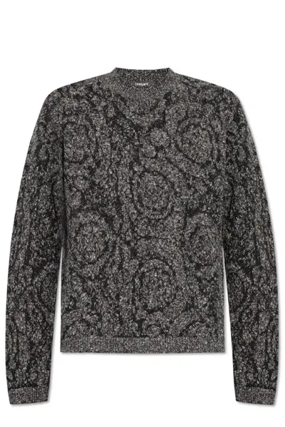 Versace Barocco Jacquard Crewneck Tweed Jumper In Black