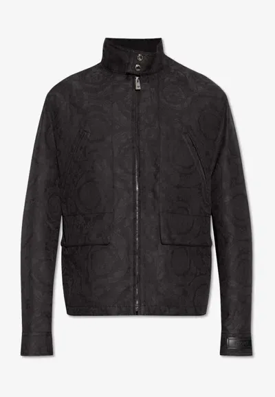 Versace Barocco-print Jacquard Bomber Jacket In Gray