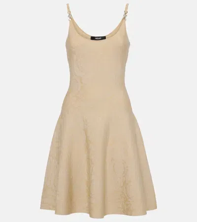 Versace Barocco Metallic Knit Minidress In Beige